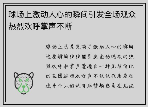 球场上激动人心的瞬间引发全场观众热烈欢呼掌声不断