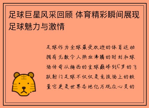 足球巨星风采回顾 体育精彩瞬间展现足球魅力与激情