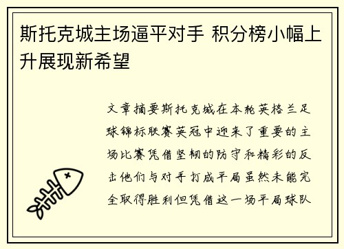 斯托克城主场逼平对手 积分榜小幅上升展现新希望