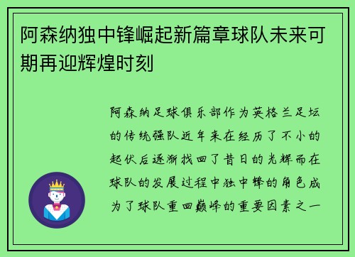 阿森纳独中锋崛起新篇章球队未来可期再迎辉煌时刻